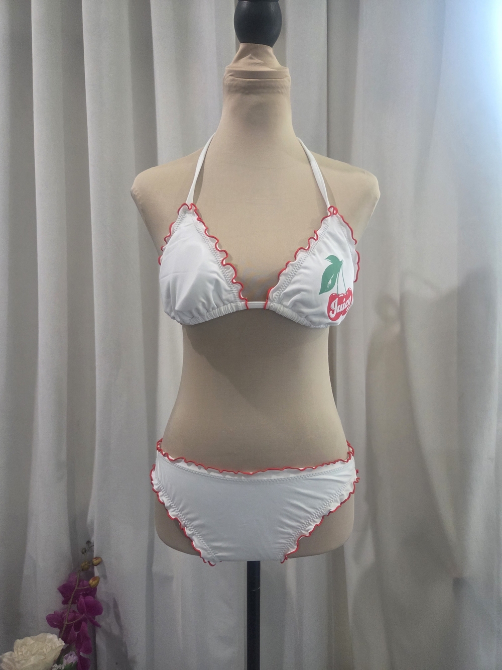 Juicy Couture White & Red Ruffle Triangle Bikini